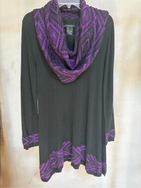 Alison Sheri Women’s Small Black Purple Aztec Tunic Sweater Cowl Neck